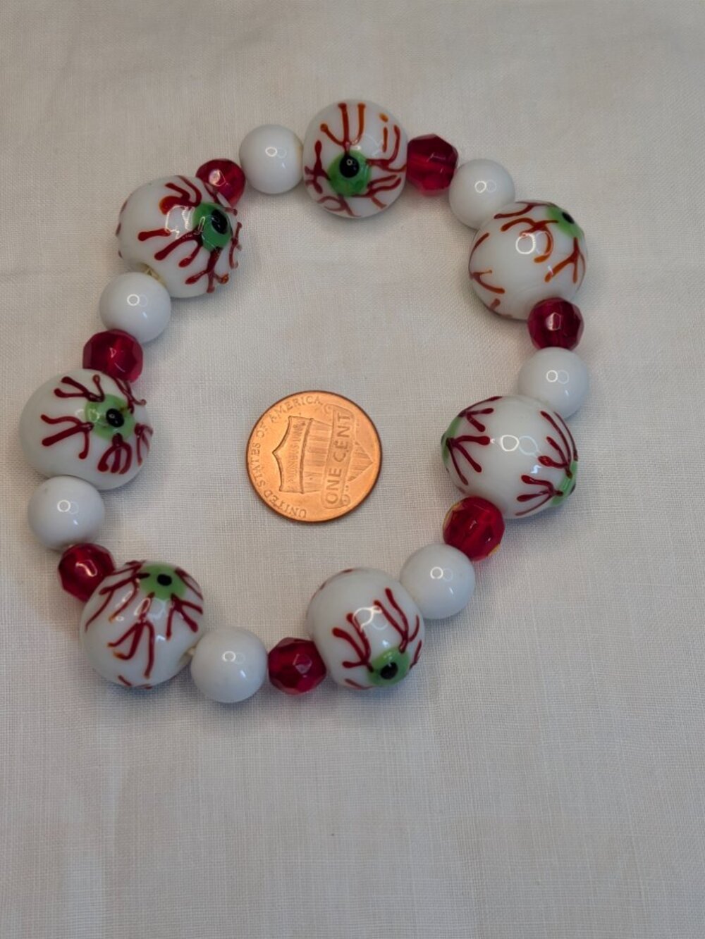 Halloween Eyeball Charm Bracelet White Red Beads